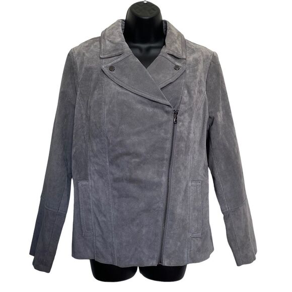 Isaac Mizrahi Live Gray Suede Leather Floral Lined Motorcycle Jacket Sz 12 NEW - Picture 1 of 14